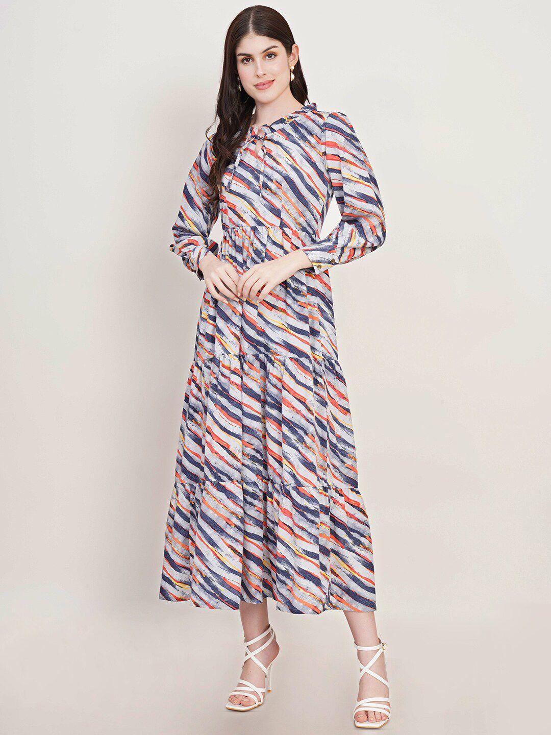 u&f grey abstract printed crepe tiered fit & flare midi dress