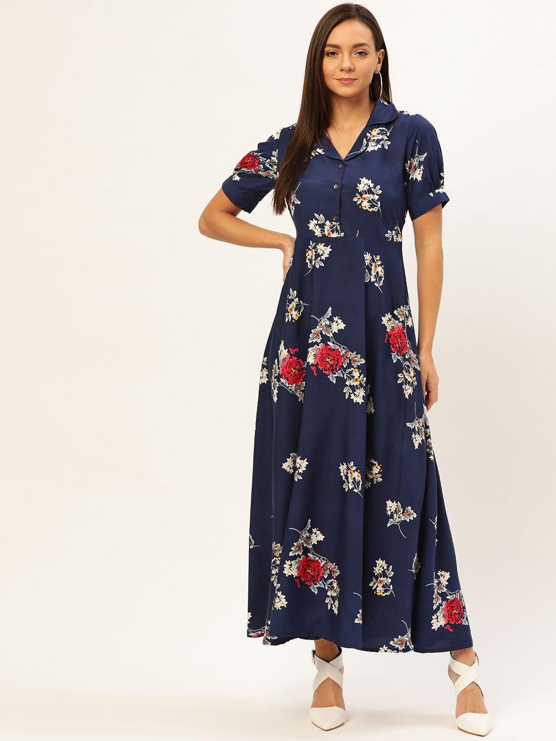 u&f navy blue & white floral printed maxi dress