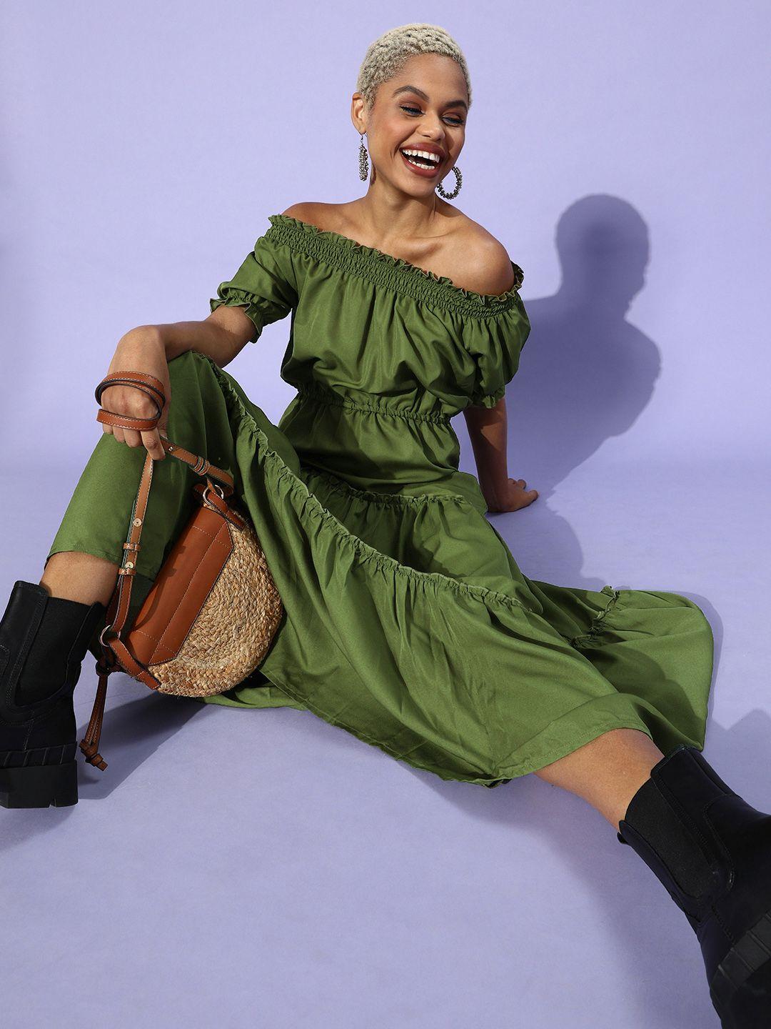 u&f olive green off-shoulder maxi dress