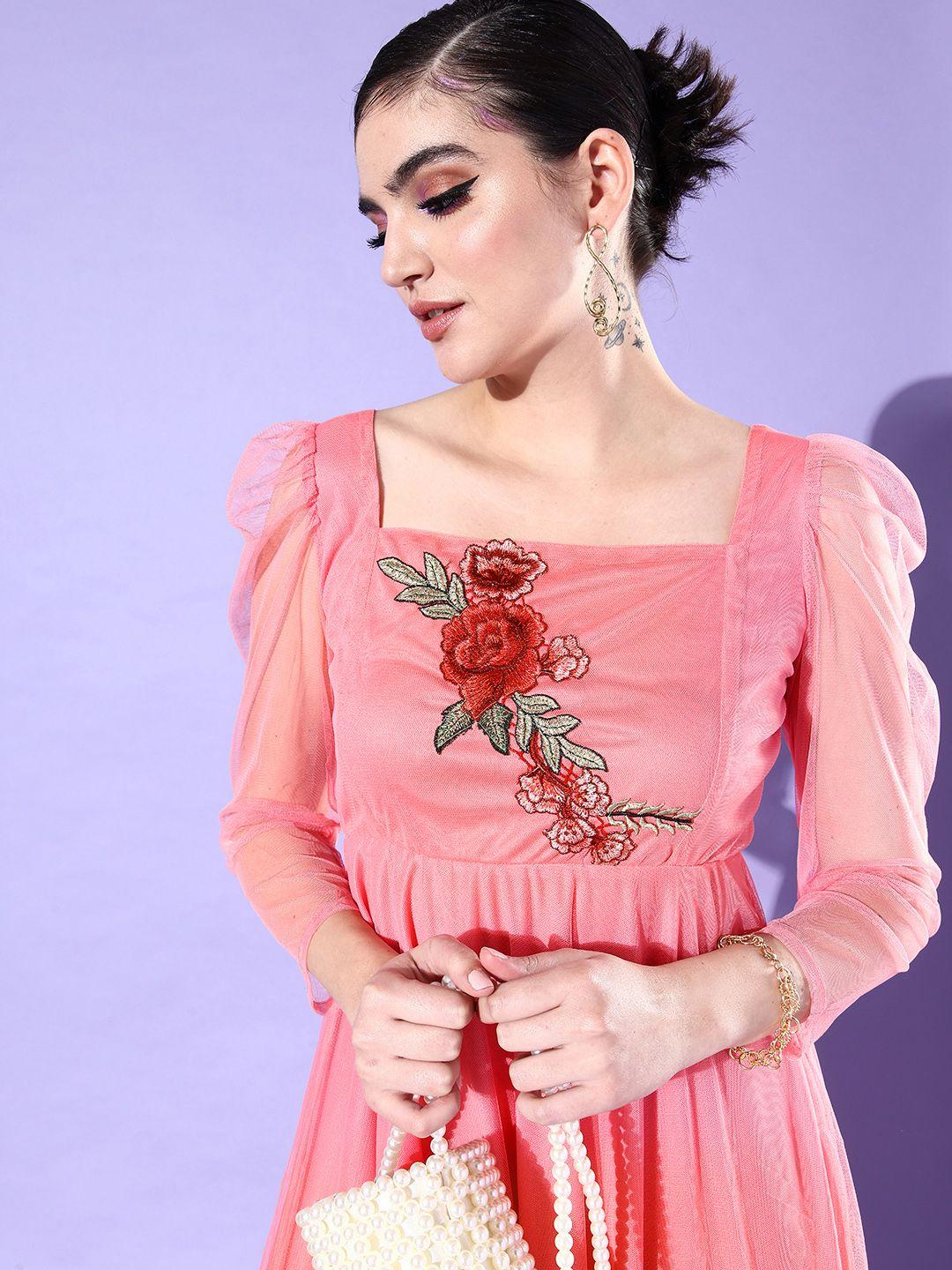 u&f peach-coloured solid net maxi dress