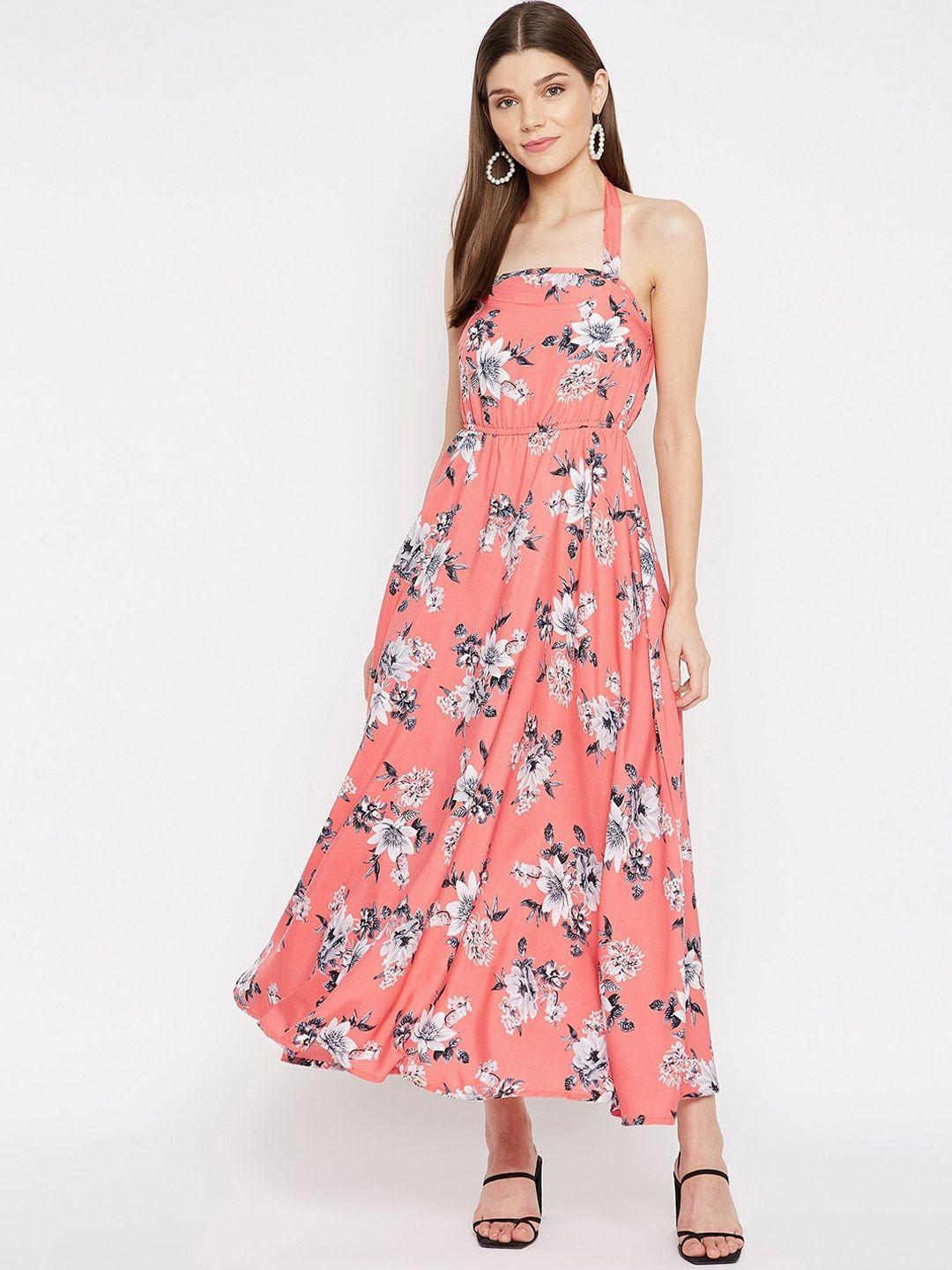 u&f pink & off white floral halter neck crepe maxi dress