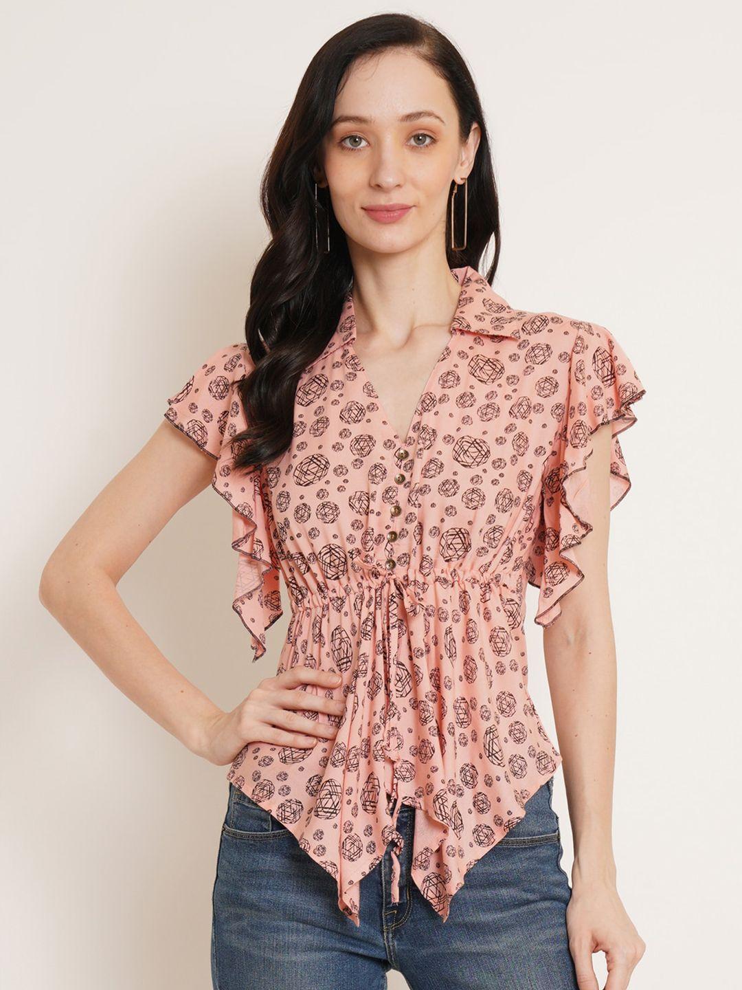 u&f pink abstract printed flutter sleeves cinched waist top