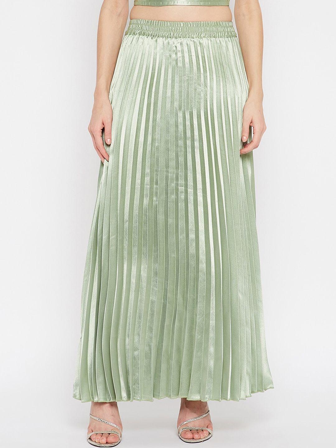 u&f women green solid accordion pleated maxi flared skirt