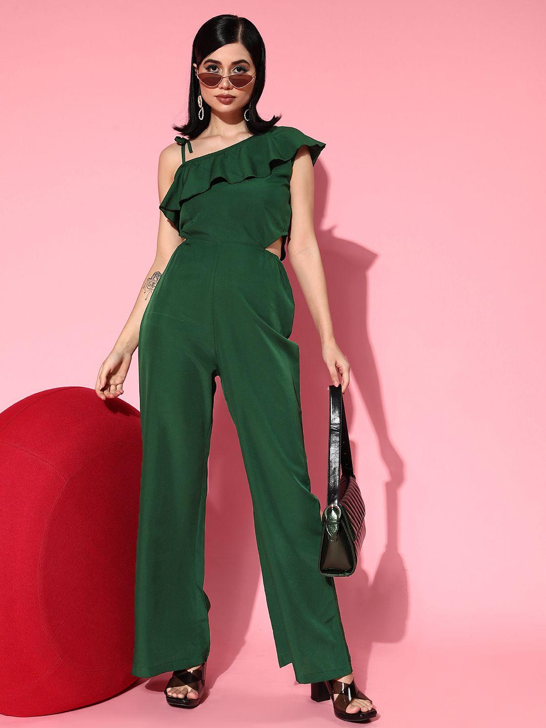 u&f women green solid asymmetry jumpsuit