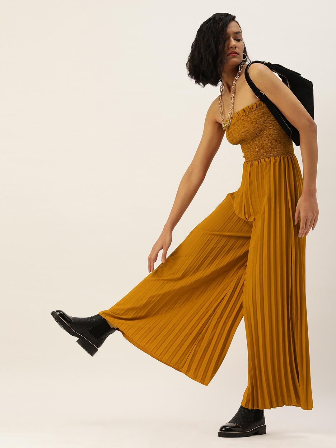 u&f women mustard self design basic jumpsuit