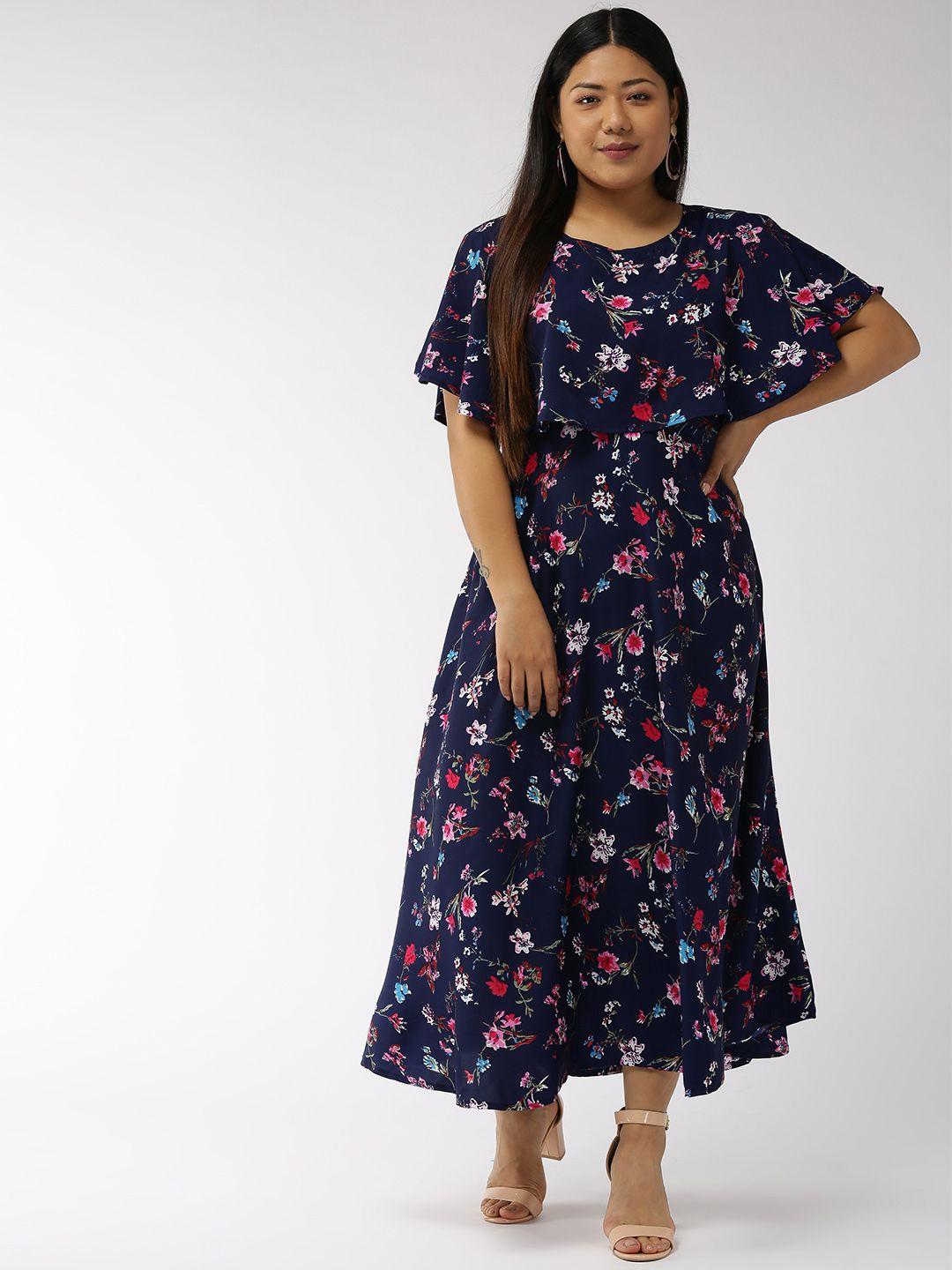 u&f women navy blue & pink printed maxi dress