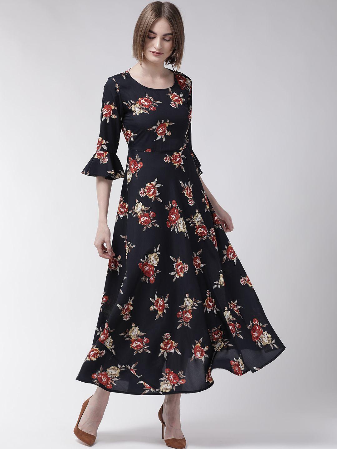 u&f women navy blue & rust red floral print maxi dress