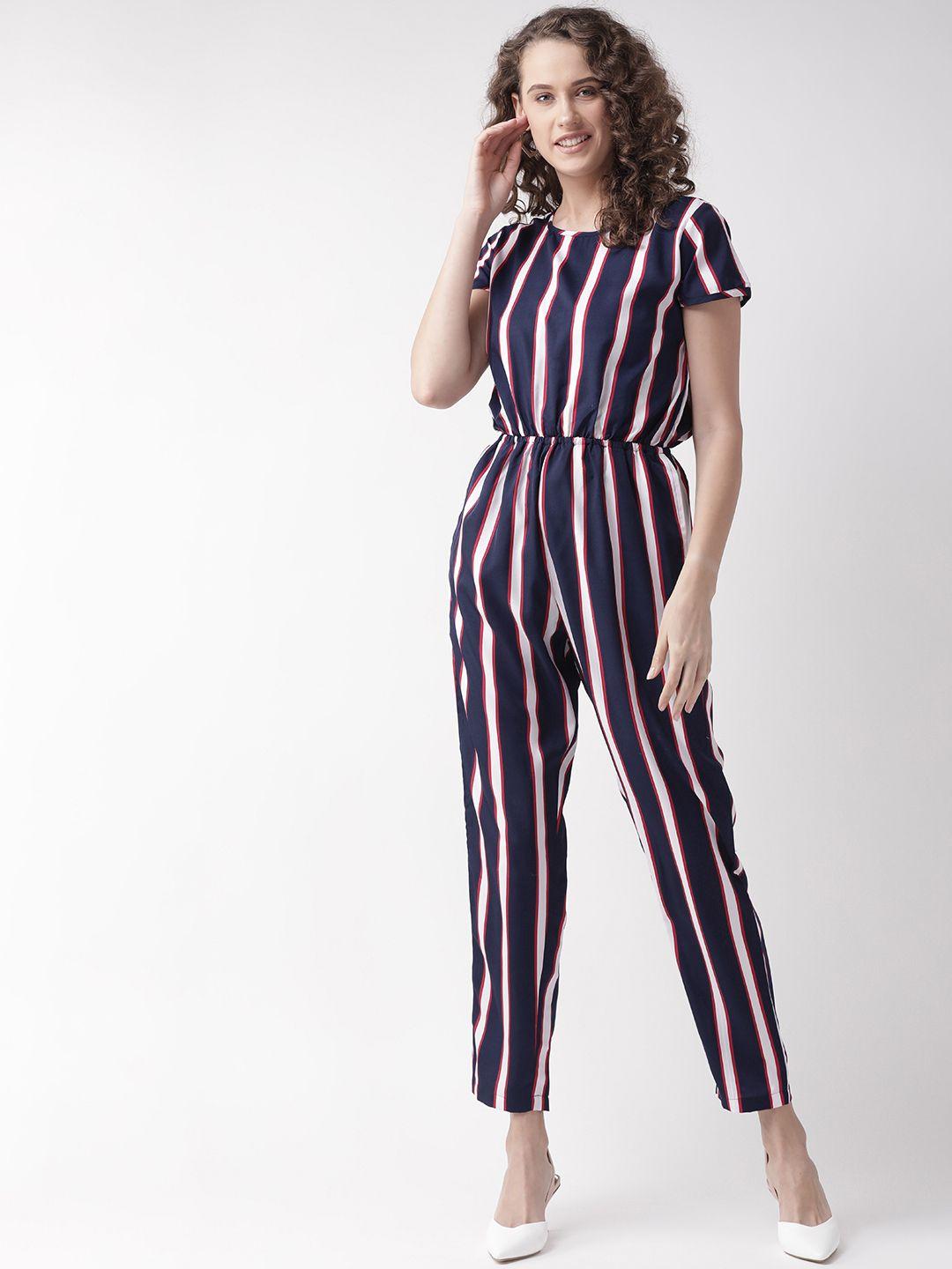 u&f women navy blue & white striped basic jumpsuit