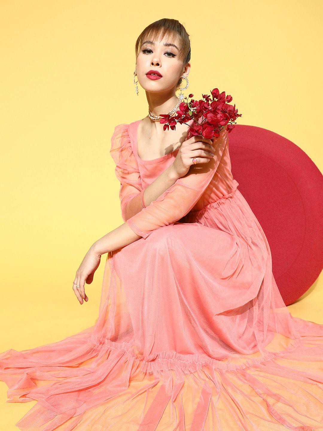 u&f women peach-coloured solid tulle dress