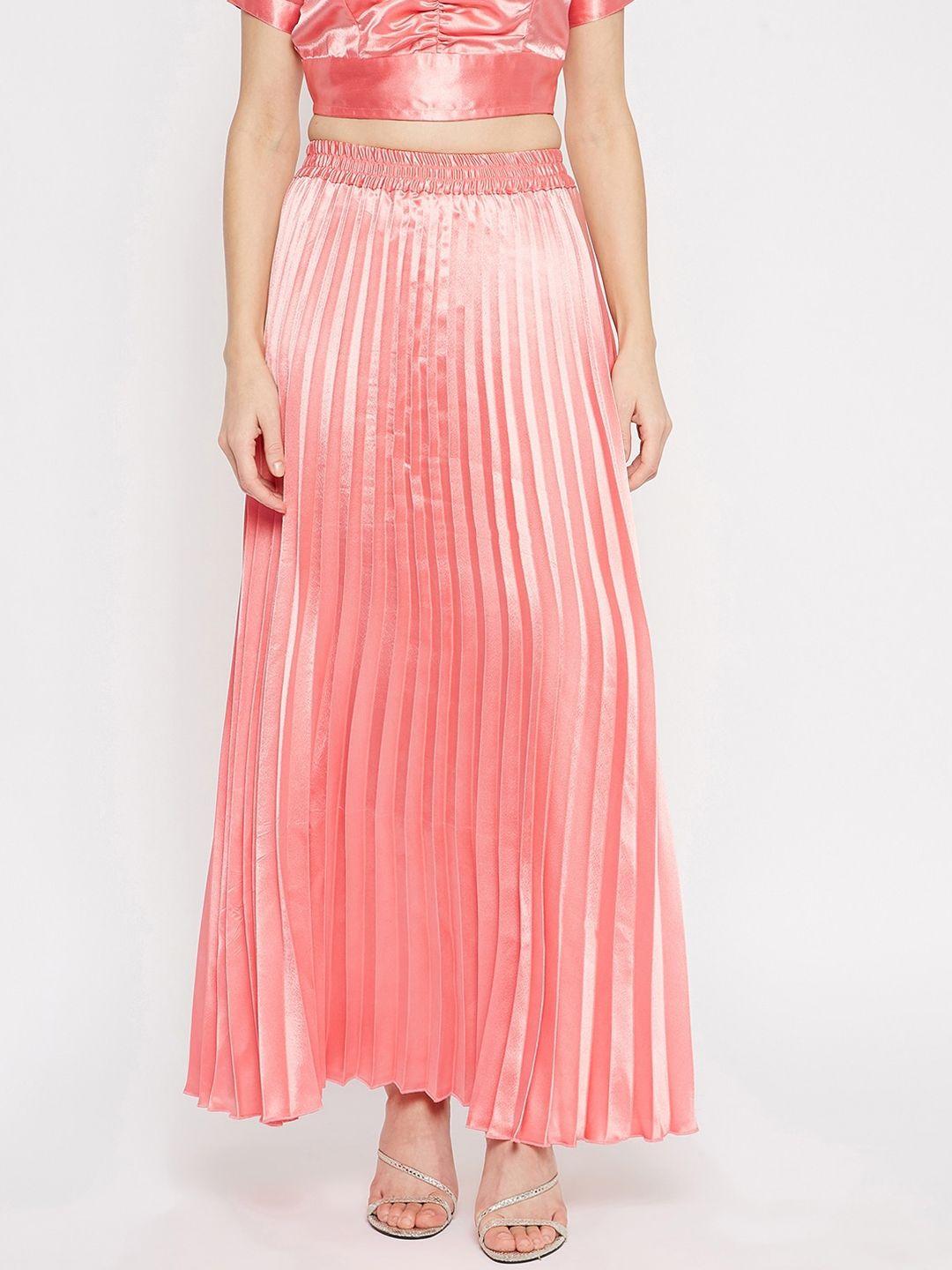 u&f women pink solid accordion pleated maxi skirt