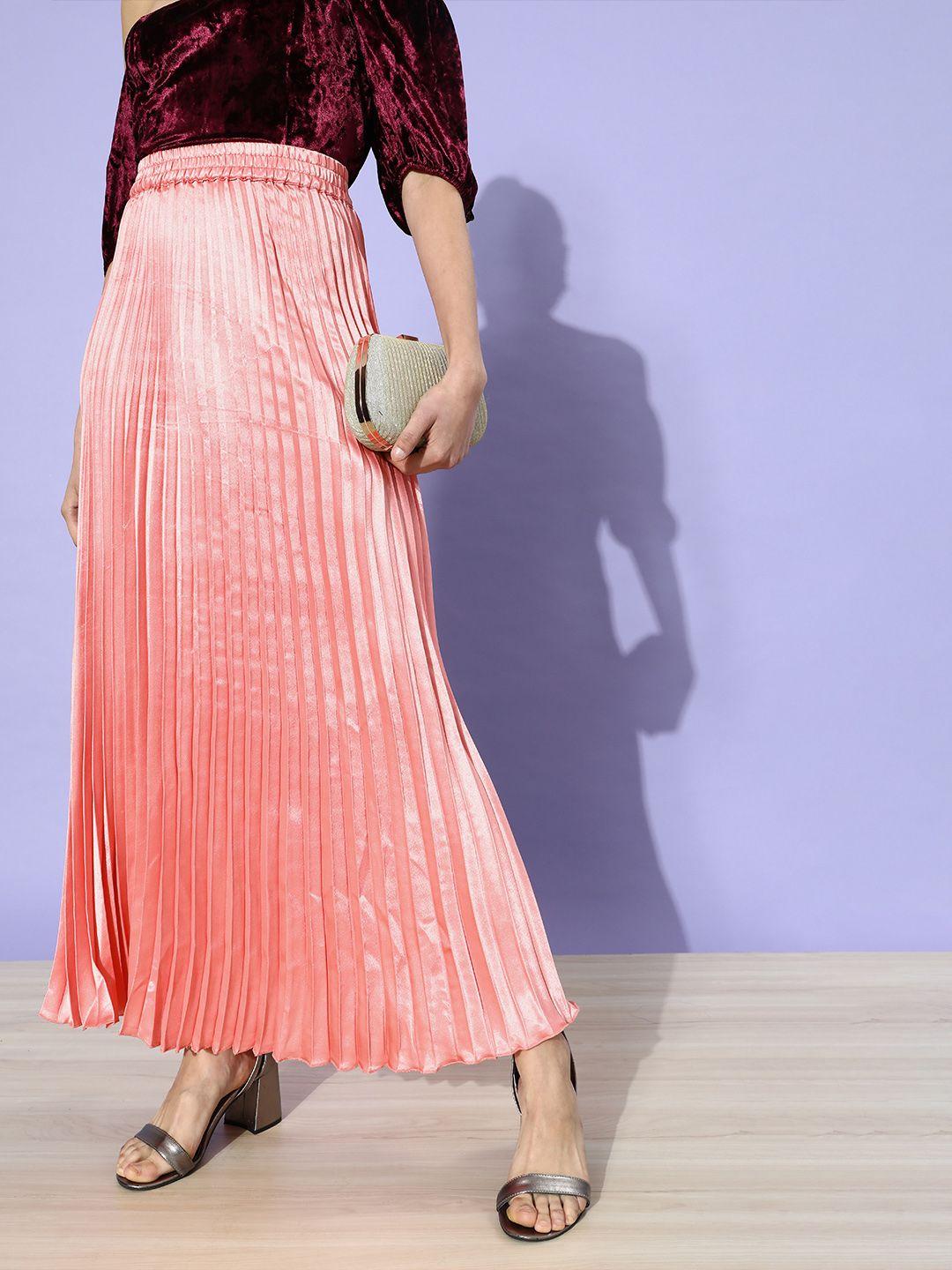 u&f women pretty pink solid pleated skirt