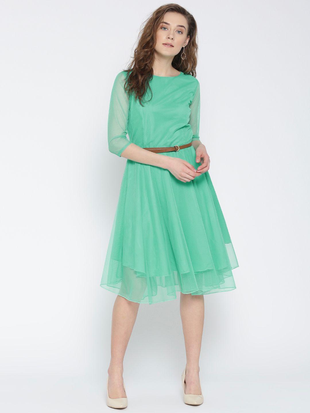 u&f women sea green net solid fit & flare dress