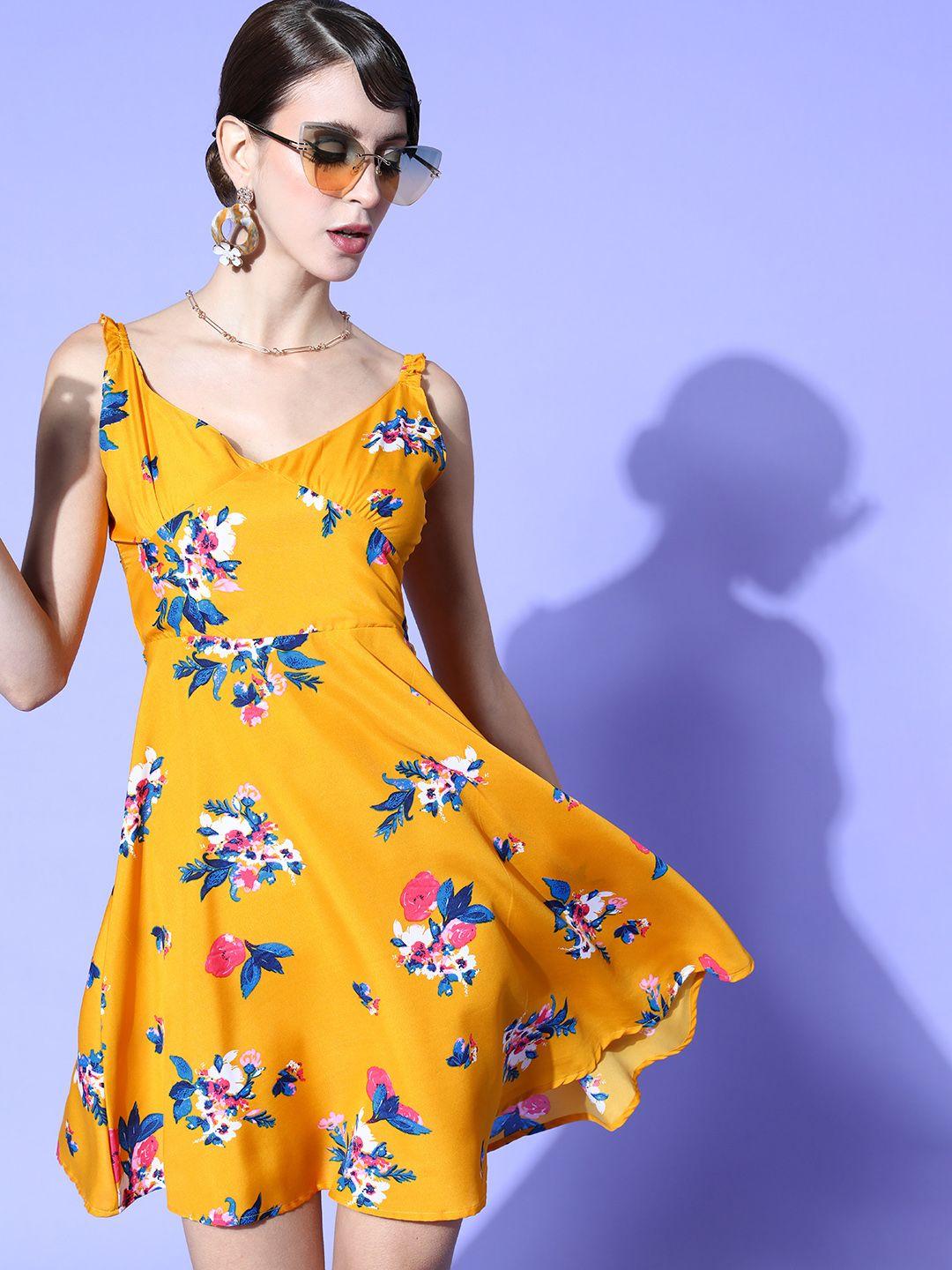 u&f women stylish mustard floral sun dress
