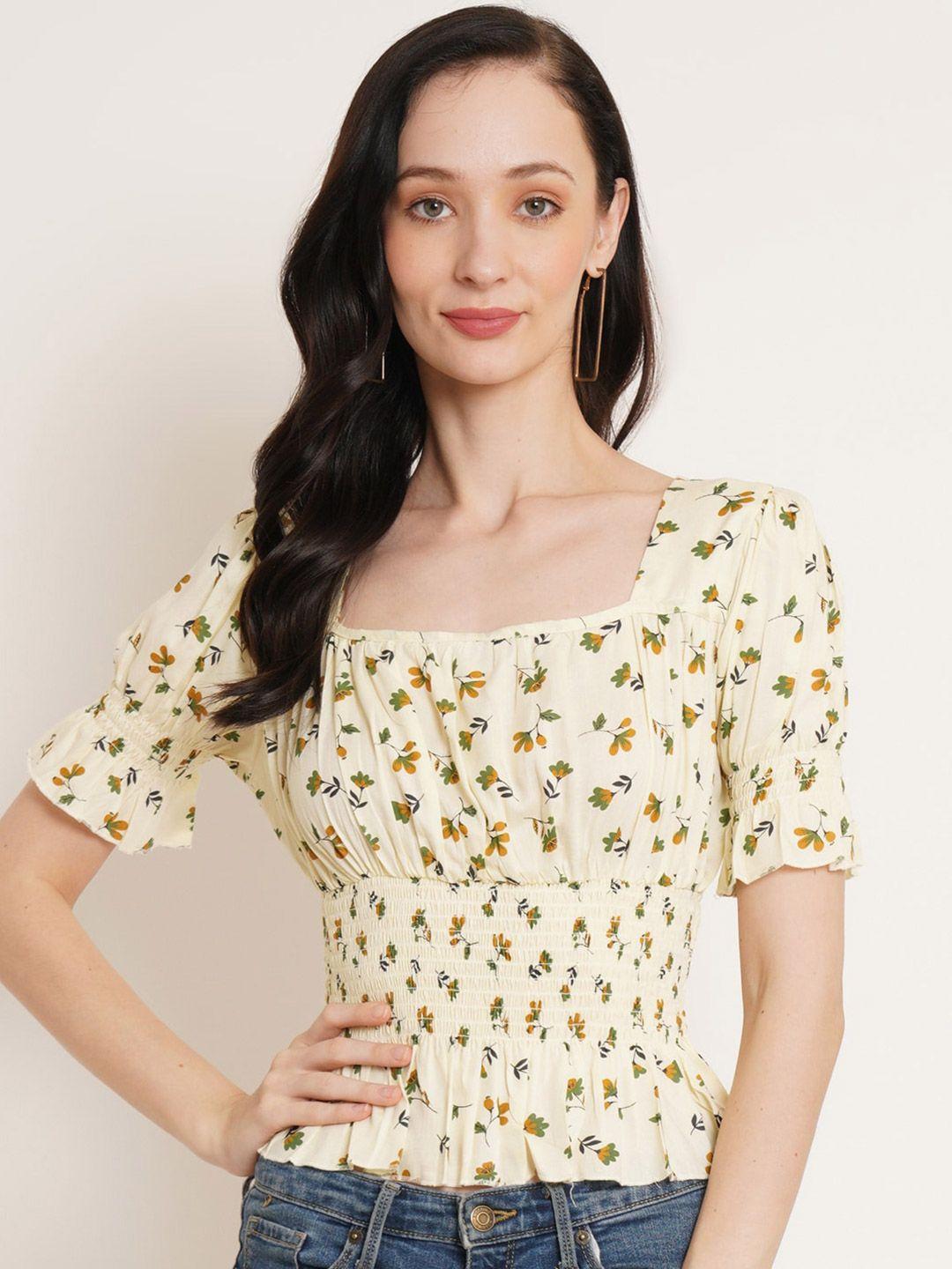 u&f yellow floral printed puff sleeve smocked gathered cinched waist top