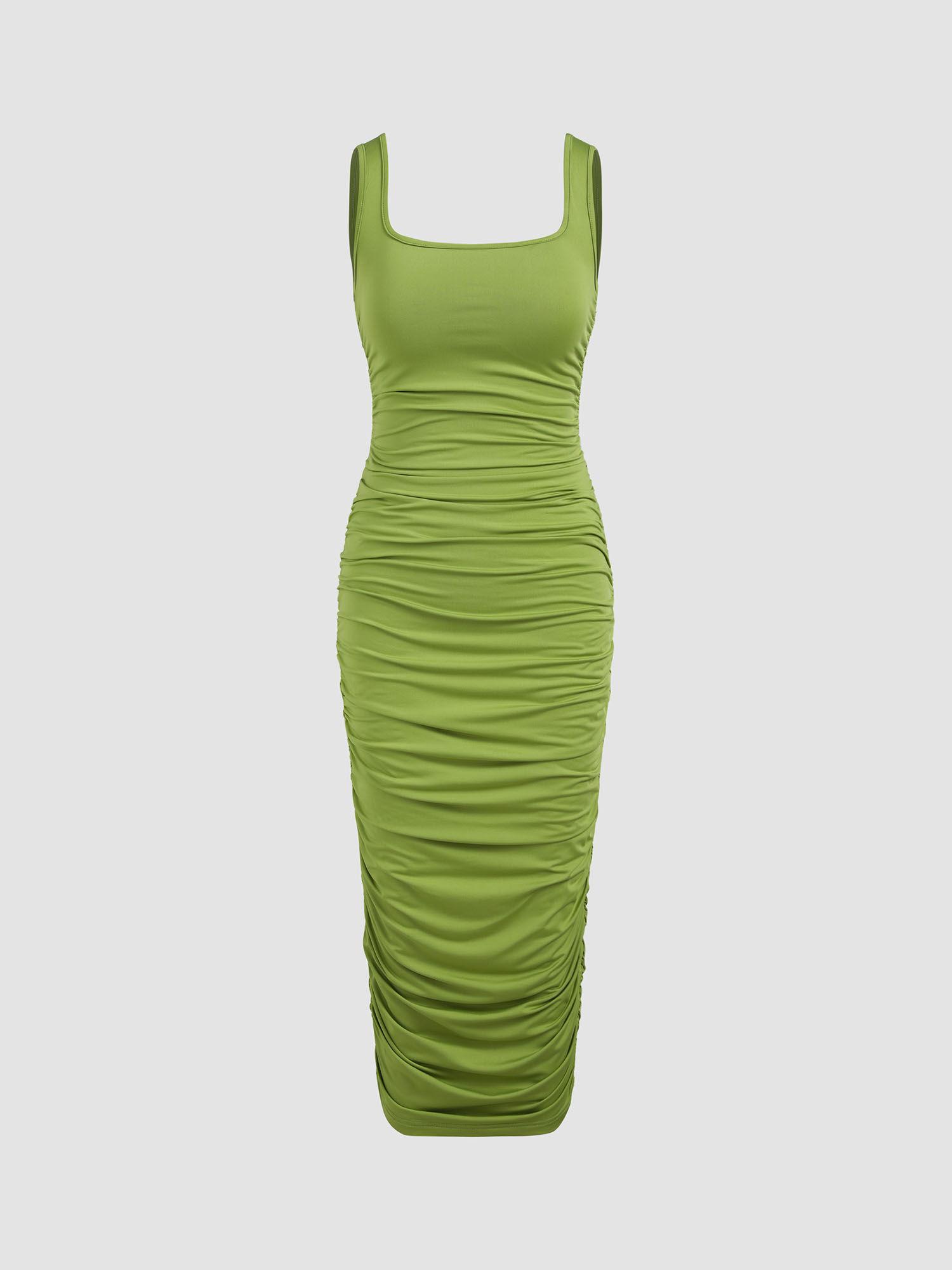 u-neckline ruched midi dress