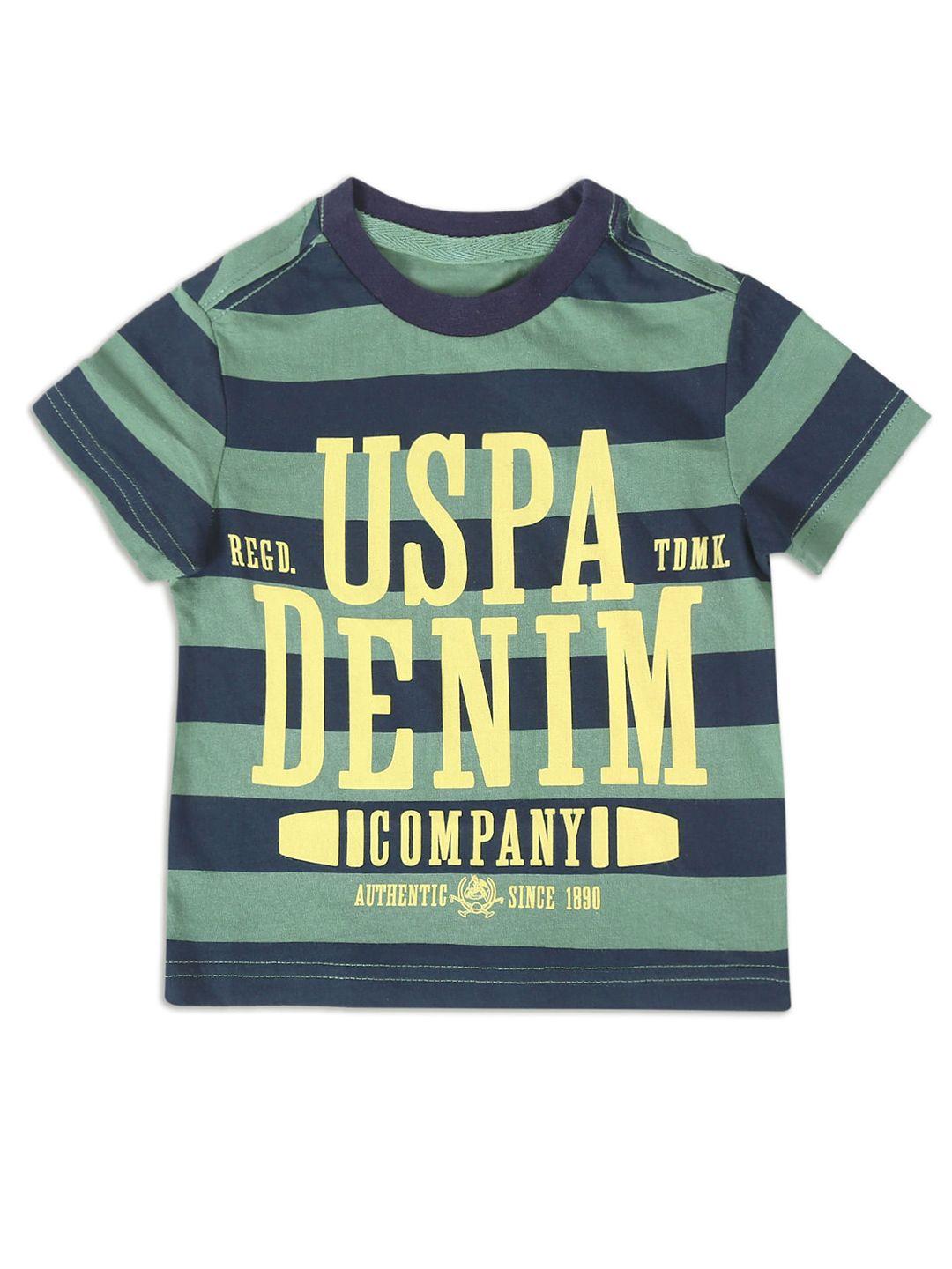 u s polo assn boys green & navy blue typography striped pure cotton t-shirt