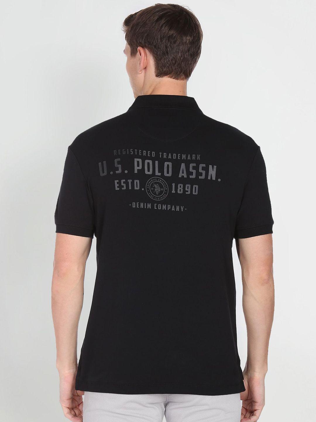 u s polo assn denim co men black logo printed polo collar pure cotton slim fit t-shirt