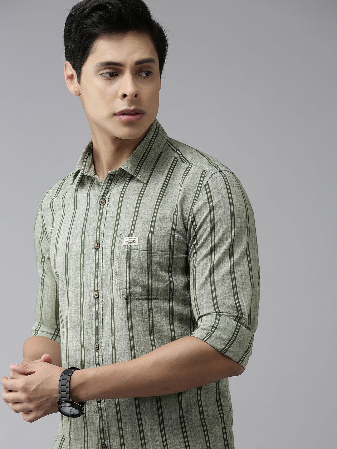 u s polo assn denim co men green regular fit striped casual shirt