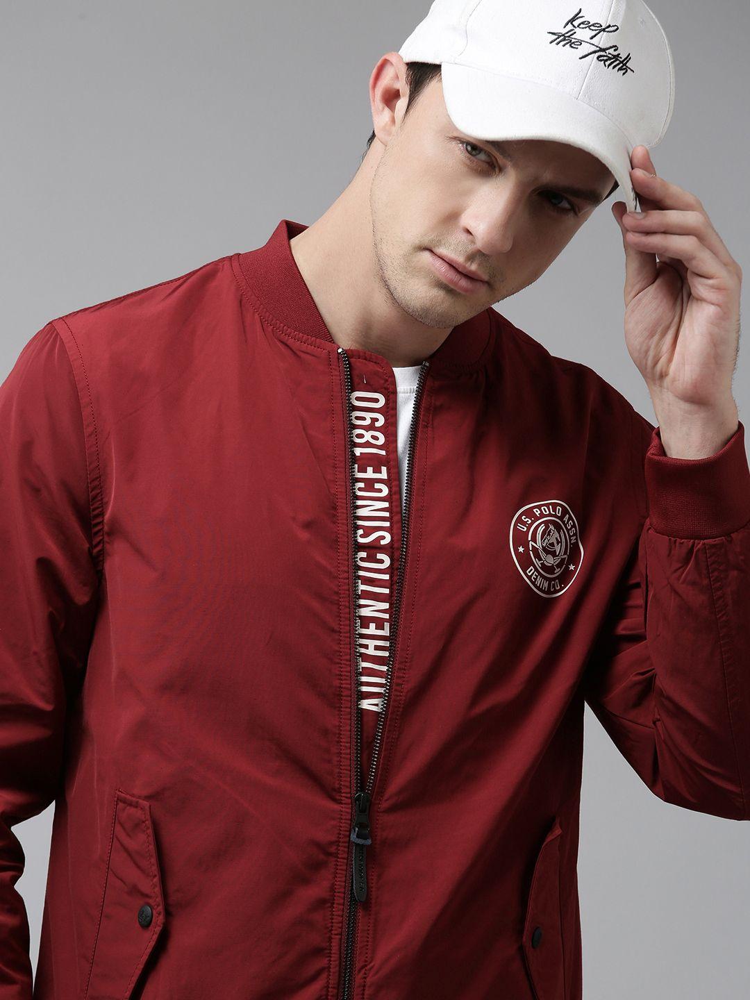 u s polo assn denim co men maroon brand logo printed sporty jacket