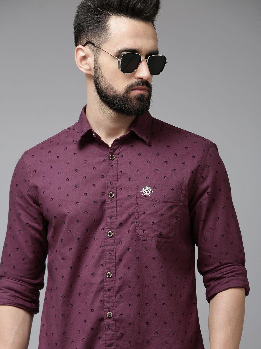 u s polo assn denim co men maroon slim fit geometric printed pure cotton casual shirt