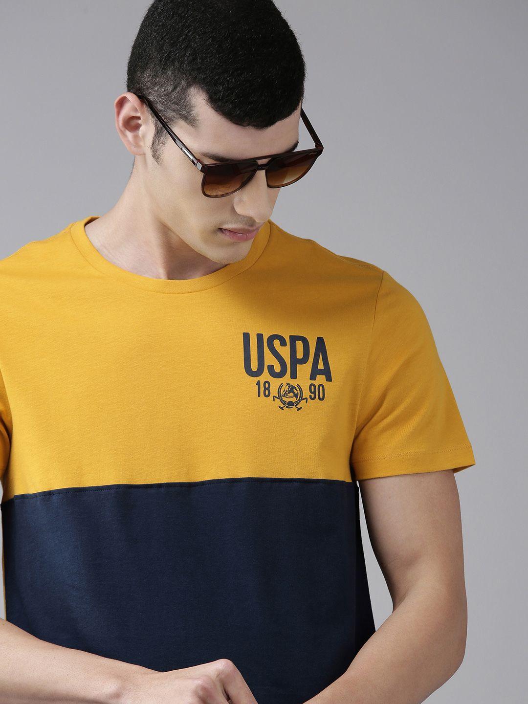 u s polo assn denim co men mustard yellow & blue colourblocked t-shirt