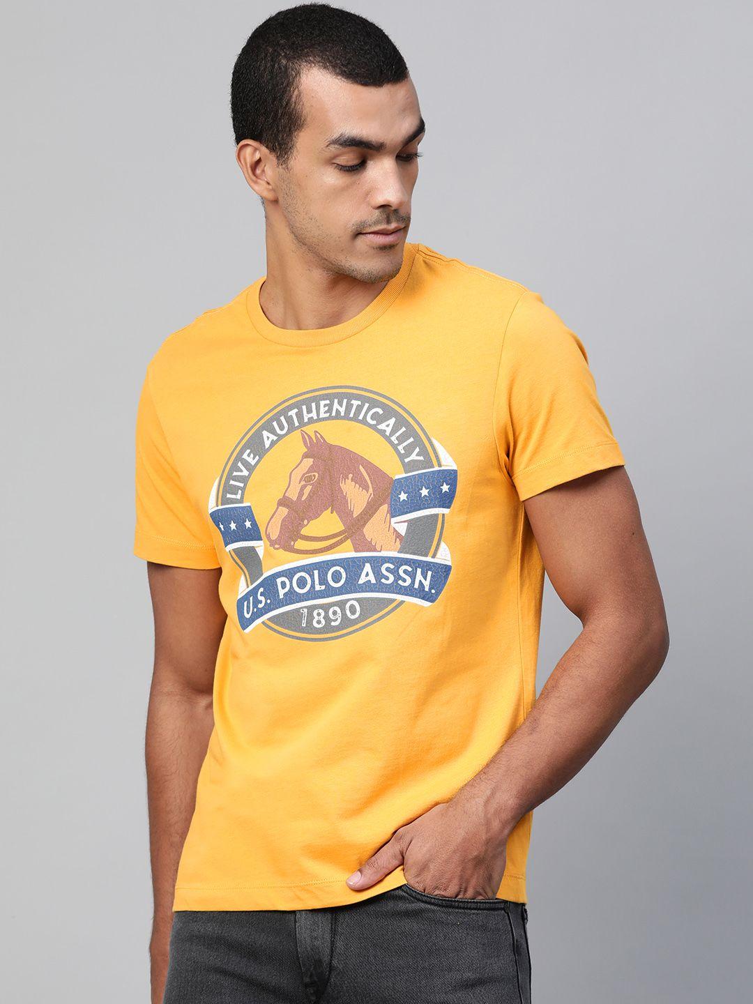 u s polo assn denim co men mustard yellow cotton typography print t-shirt