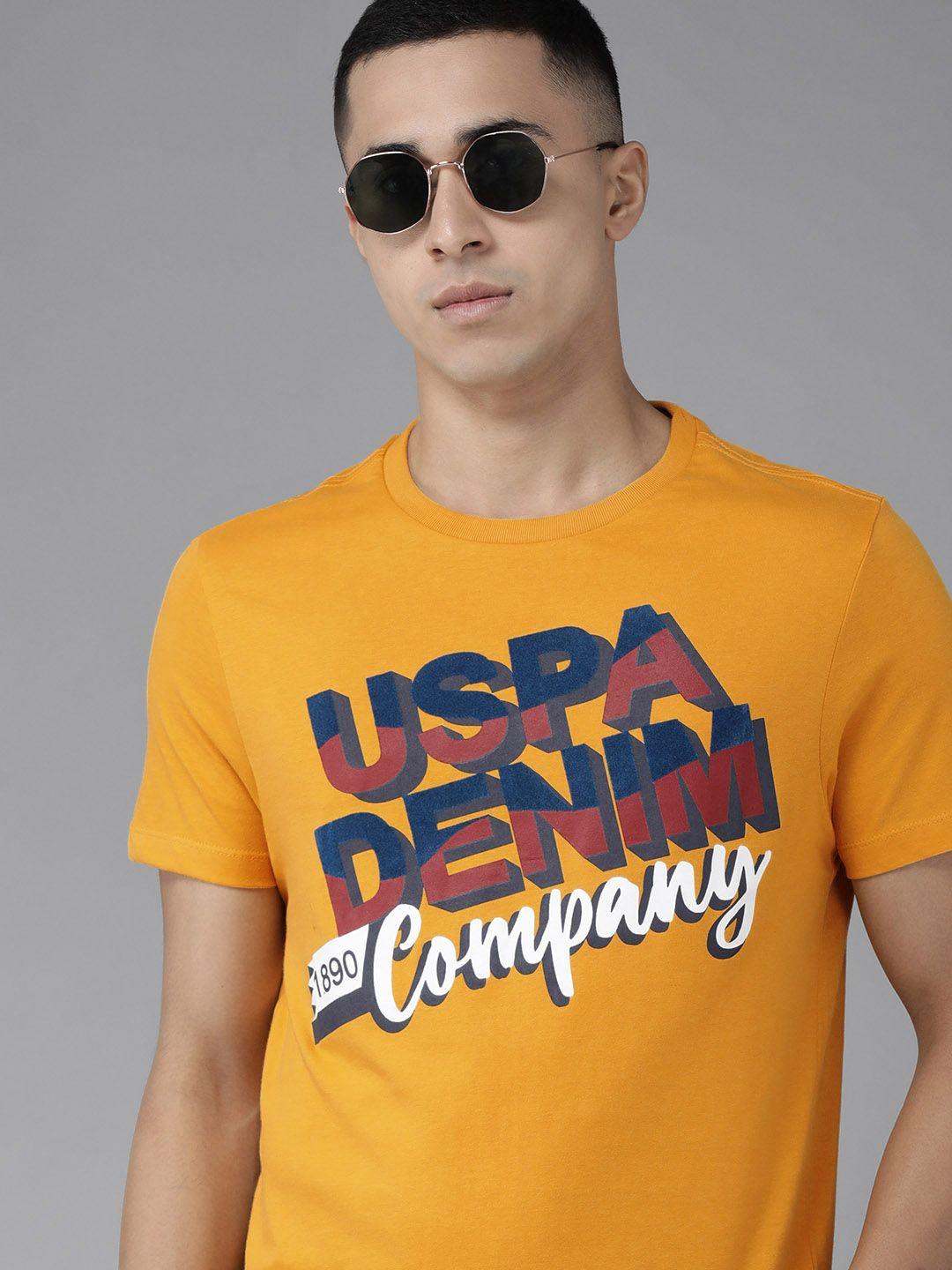 u s polo assn denim co men mustard yellow typography printed pure cotton slim fit t-shirt