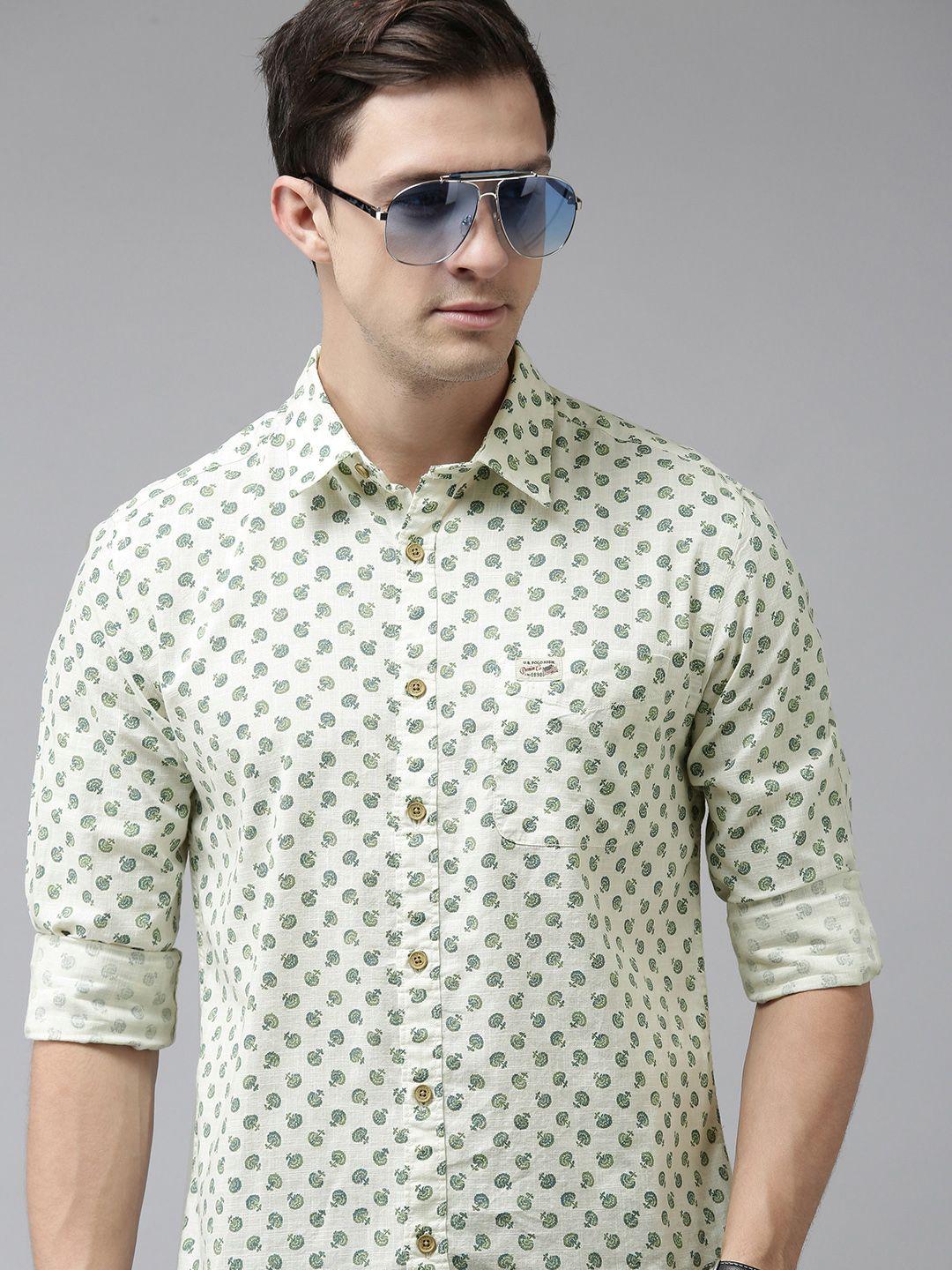 u s polo assn denim co men off white & green slim fit ditsy floral printed casual shirt