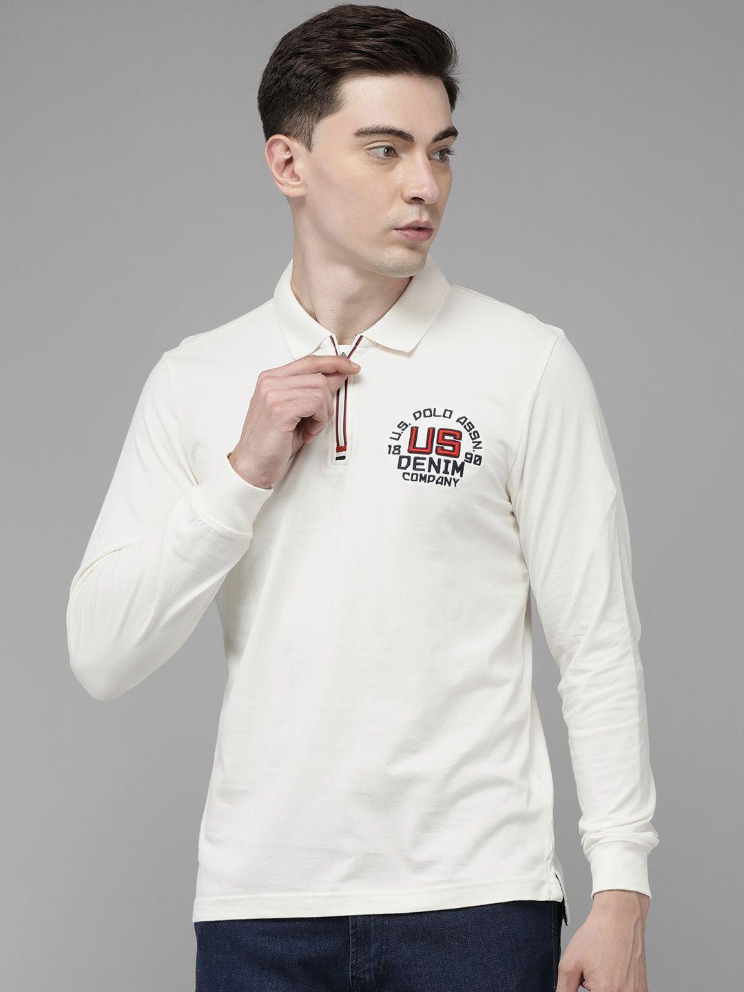 u s polo assn denim co men off white embroidered polo collar t-shirt