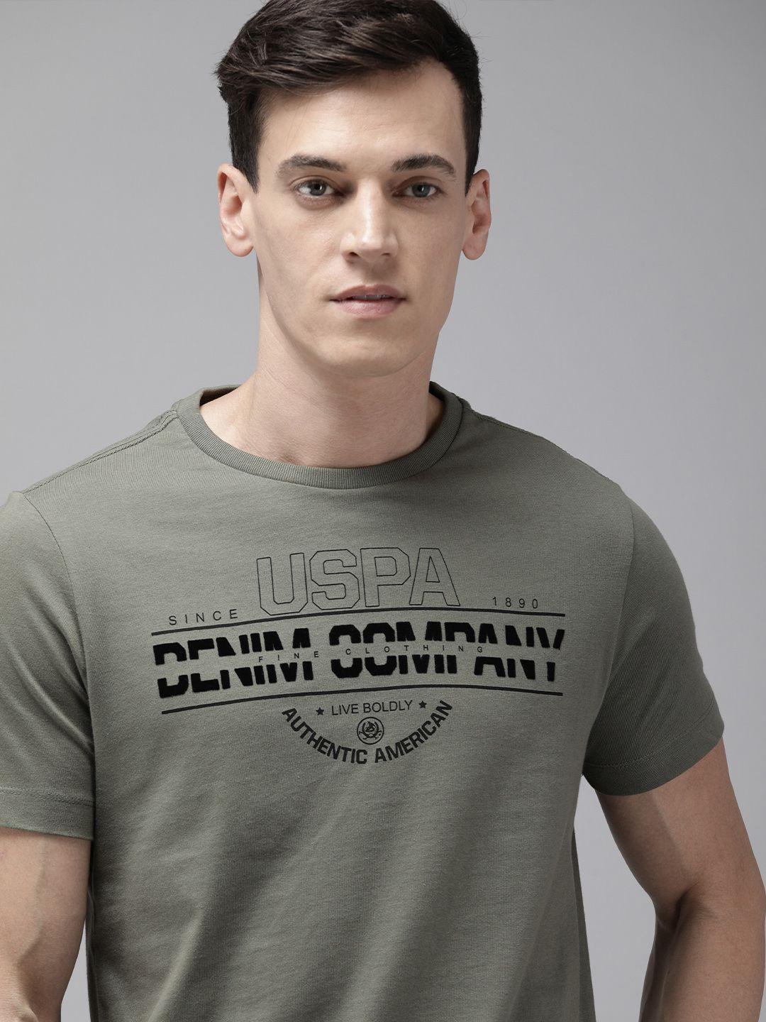 u s polo assn denim co men olive green & black brand logo printed pure cotton t-shirt