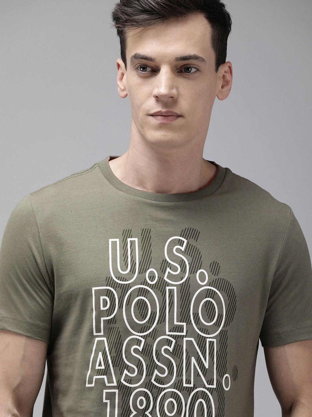 u s polo assn denim co men olive green & white brand logo printed pure cotton slim fit t-shirt