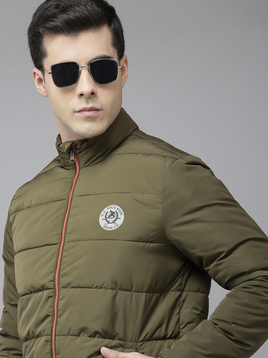 u s polo assn denim co men olive green solid puffer jacket with brand logo detail