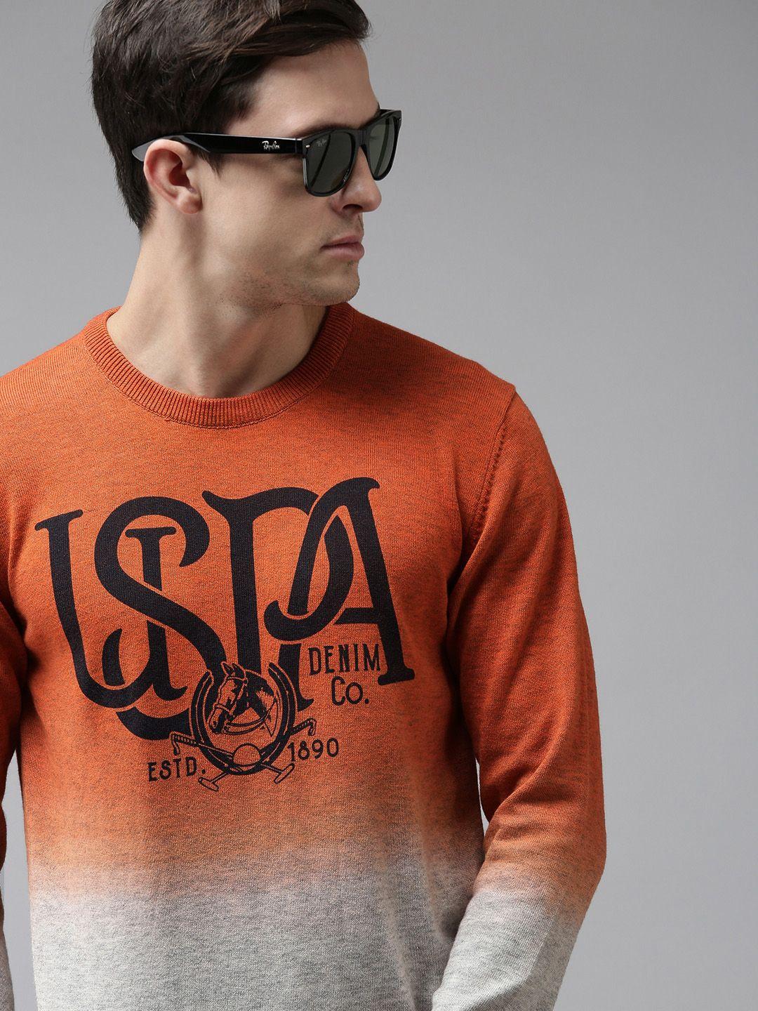 u s polo assn denim co men orange & grey brand logo printed pullover