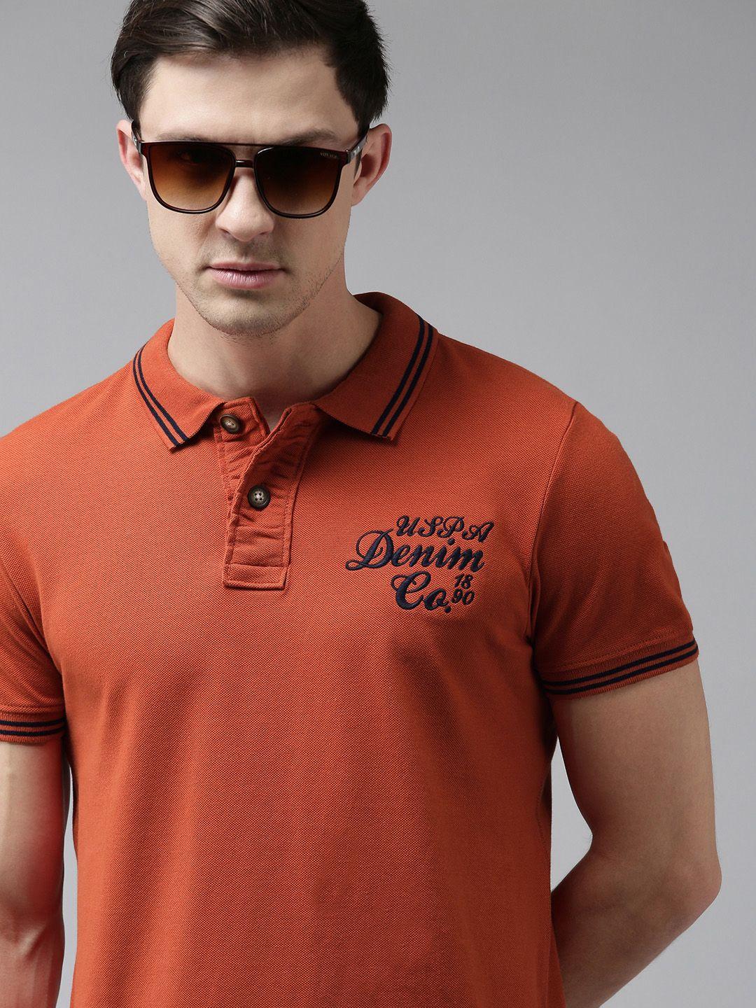 u s polo assn denim co men orange brand logo printed polo collar pure cotton t-shirt