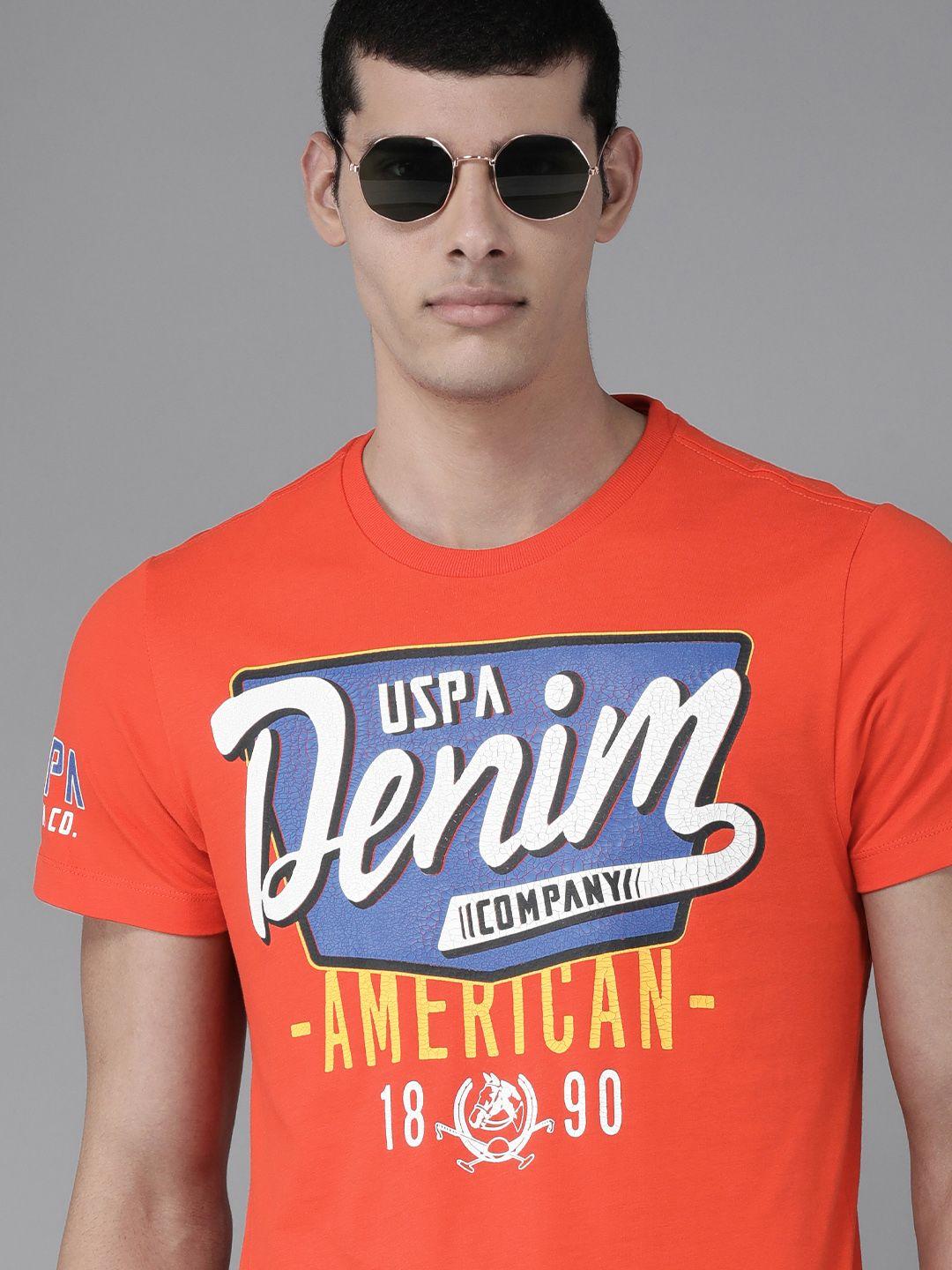 u s polo assn denim co men orange brand logo printed pure cotton slim fit t-shirt