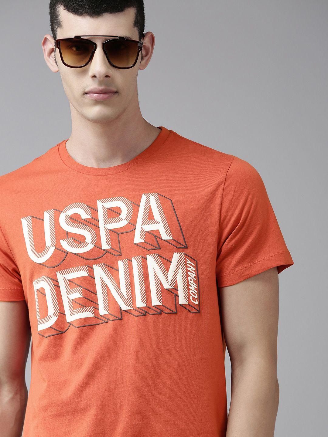 u s polo assn denim co men orange typography printed pure cotton casual t-shirt