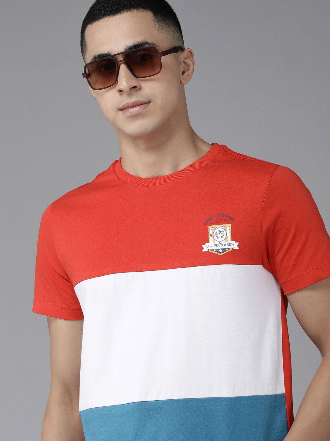 u s polo assn denim co men red & white colourblocked pure cotton slim fit t-shirt