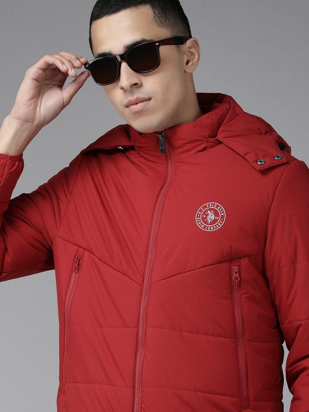 u s polo assn denim co men red smart heating  brand logo puffer jacket