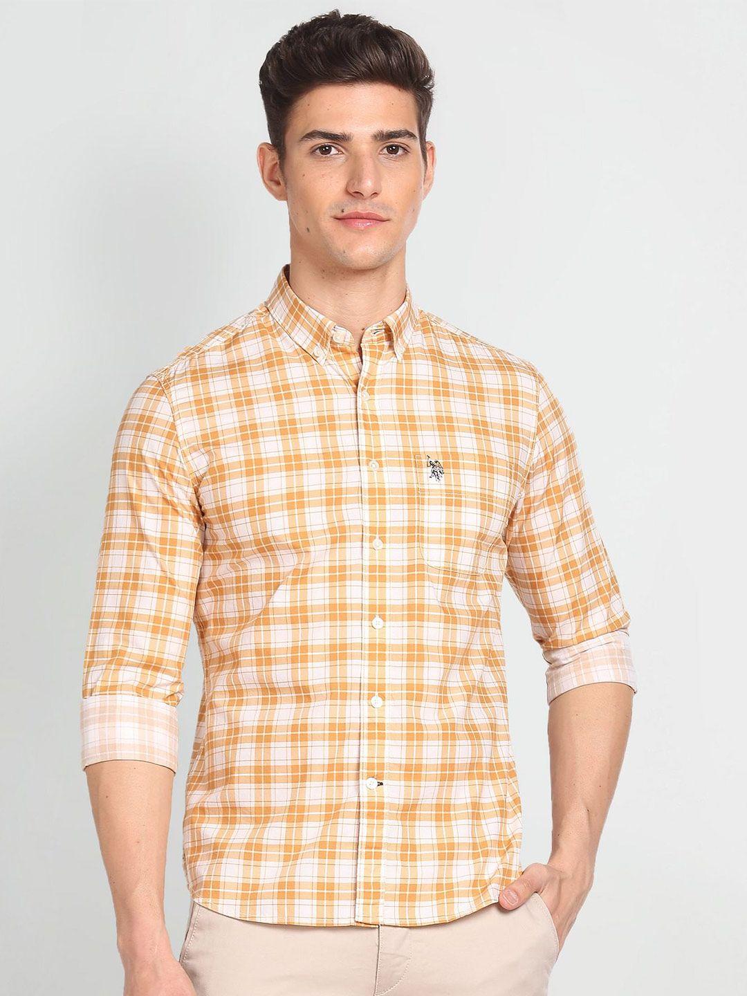 u s polo assn denim co men yellow slim fit opaque checked casual shirt