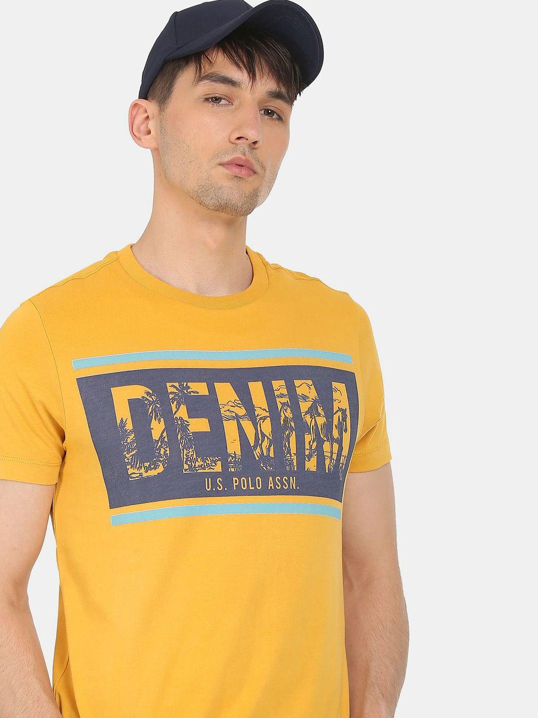 u s polo assn denim co men yellow typography printed pure cotton t-shirt