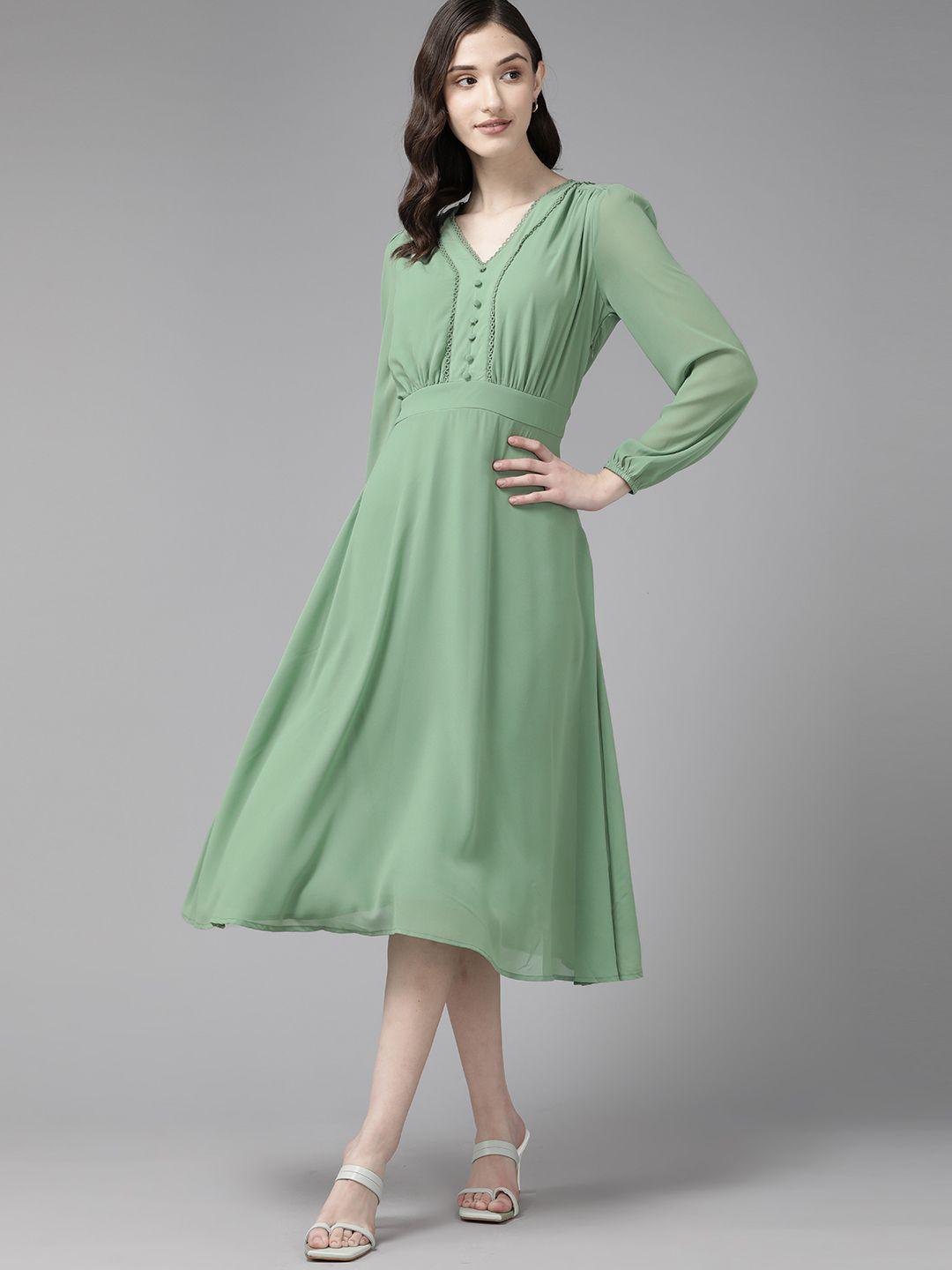 u s polo assn green solid fit & flared midi dress