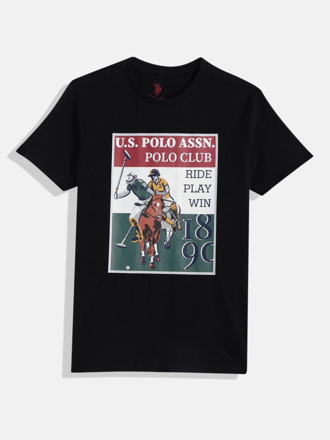 u s polo assn kids boys black brand logo printed pure cotton t-shirt