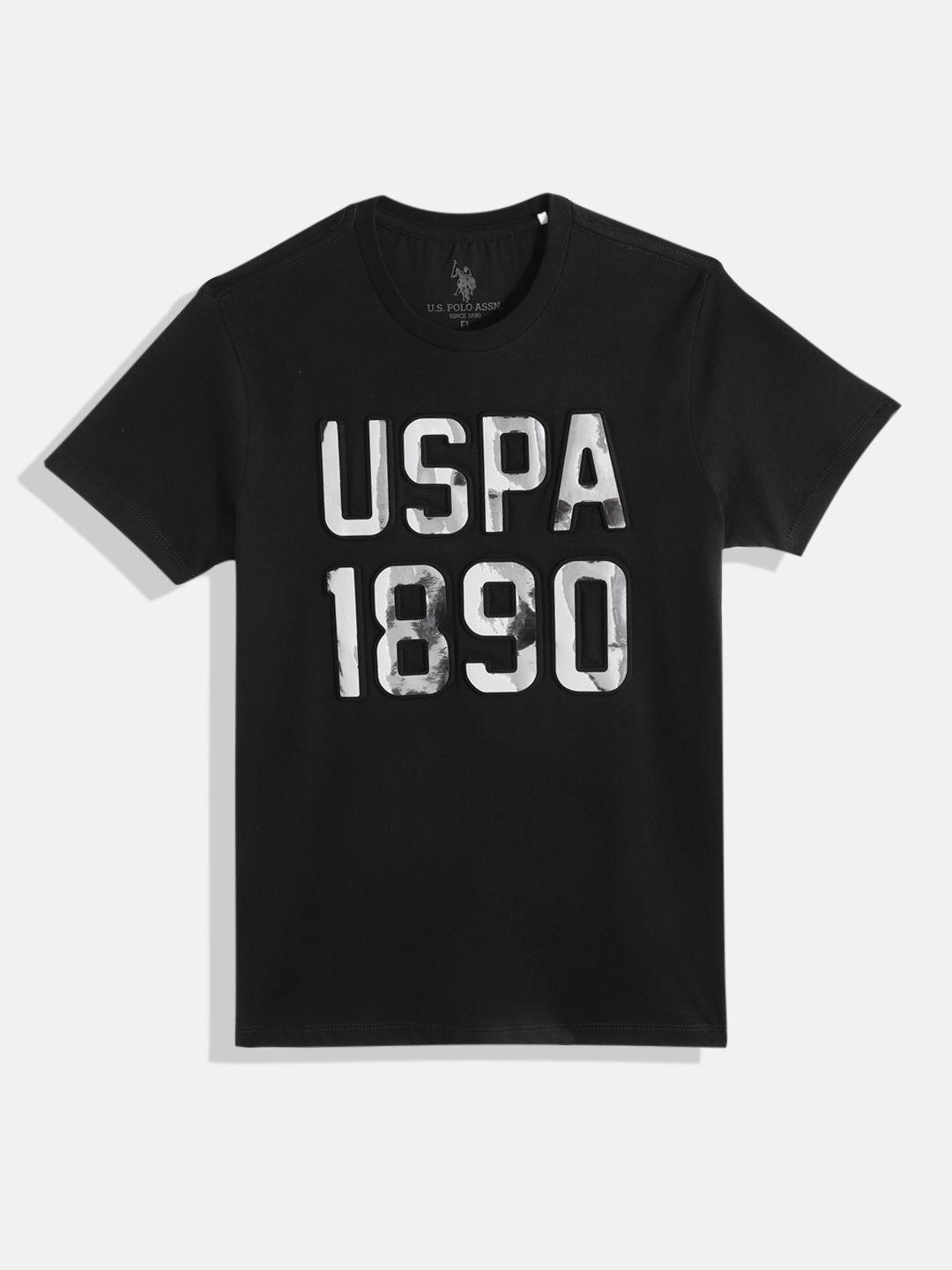 u s polo assn kids boys black embossed brand logo pure cotton t-shirt