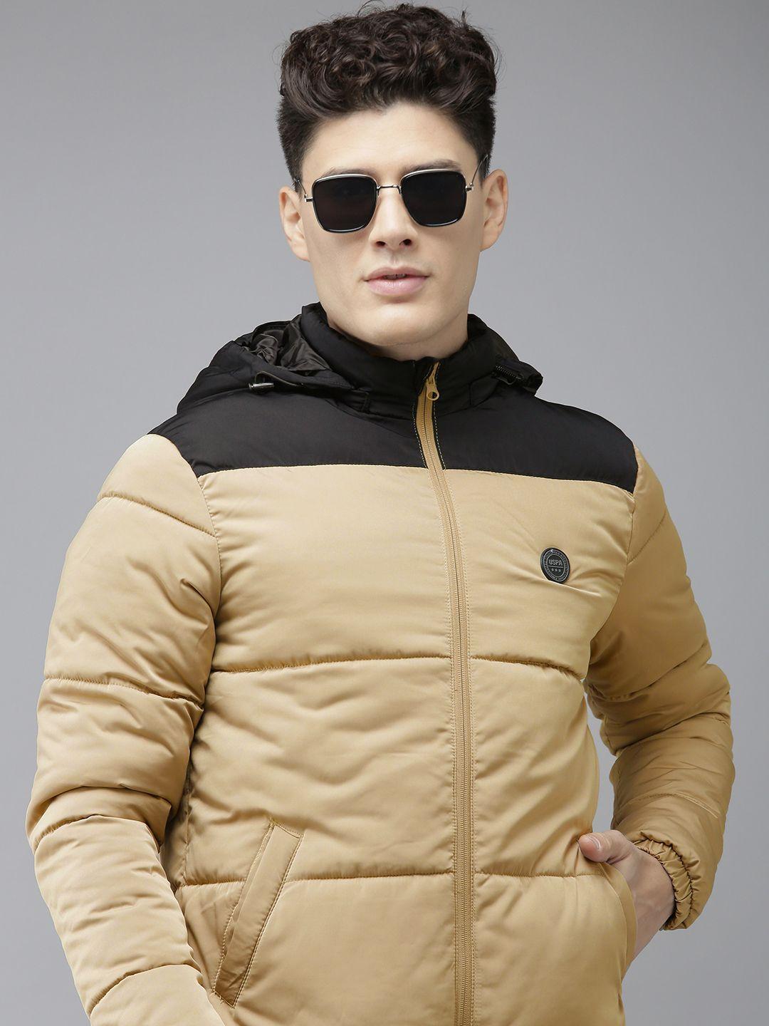 u s polo assn men beige & black colourblocked puffer jacket