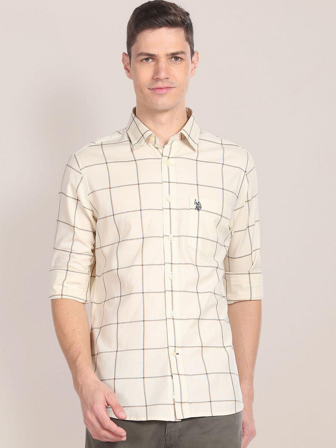 u s polo assn men beige windowpane checks opaque checked casual shirt