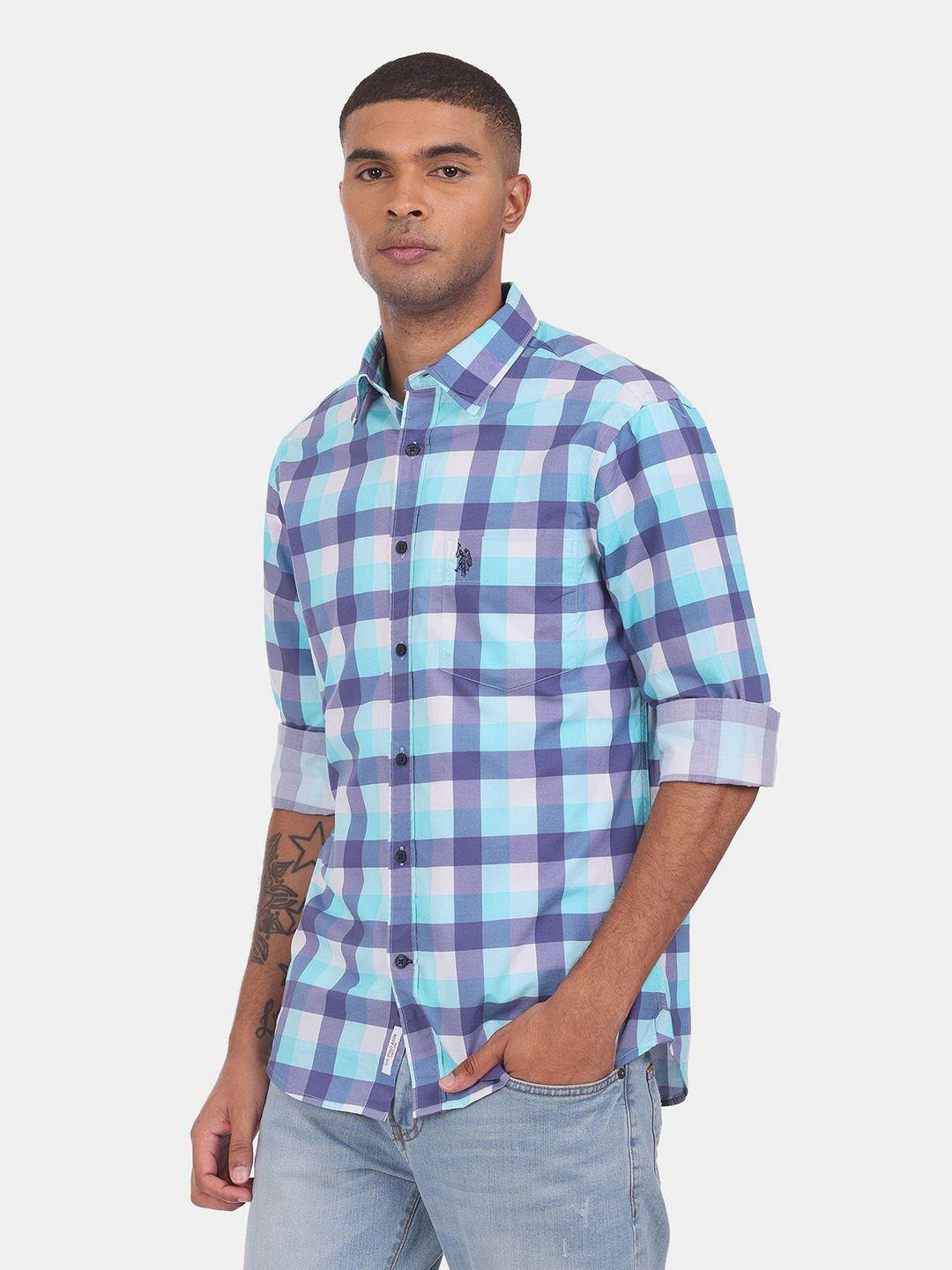 u s polo assn men blue checked pure cotton casual shirt