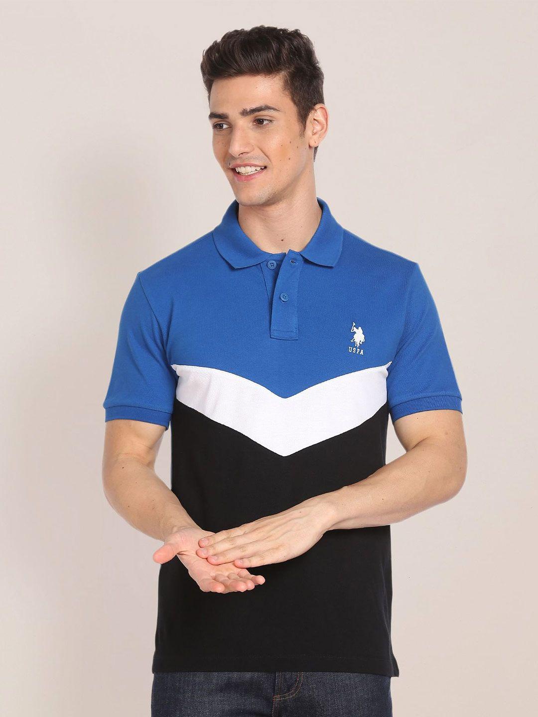 u s polo assn men blue colourblocked polo collar slim fit t-shirt