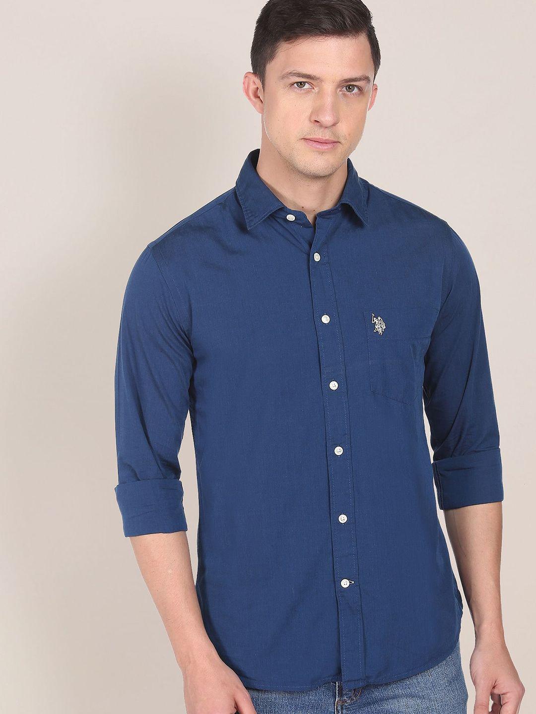 u s polo assn men blue cotton textured cotton shirt