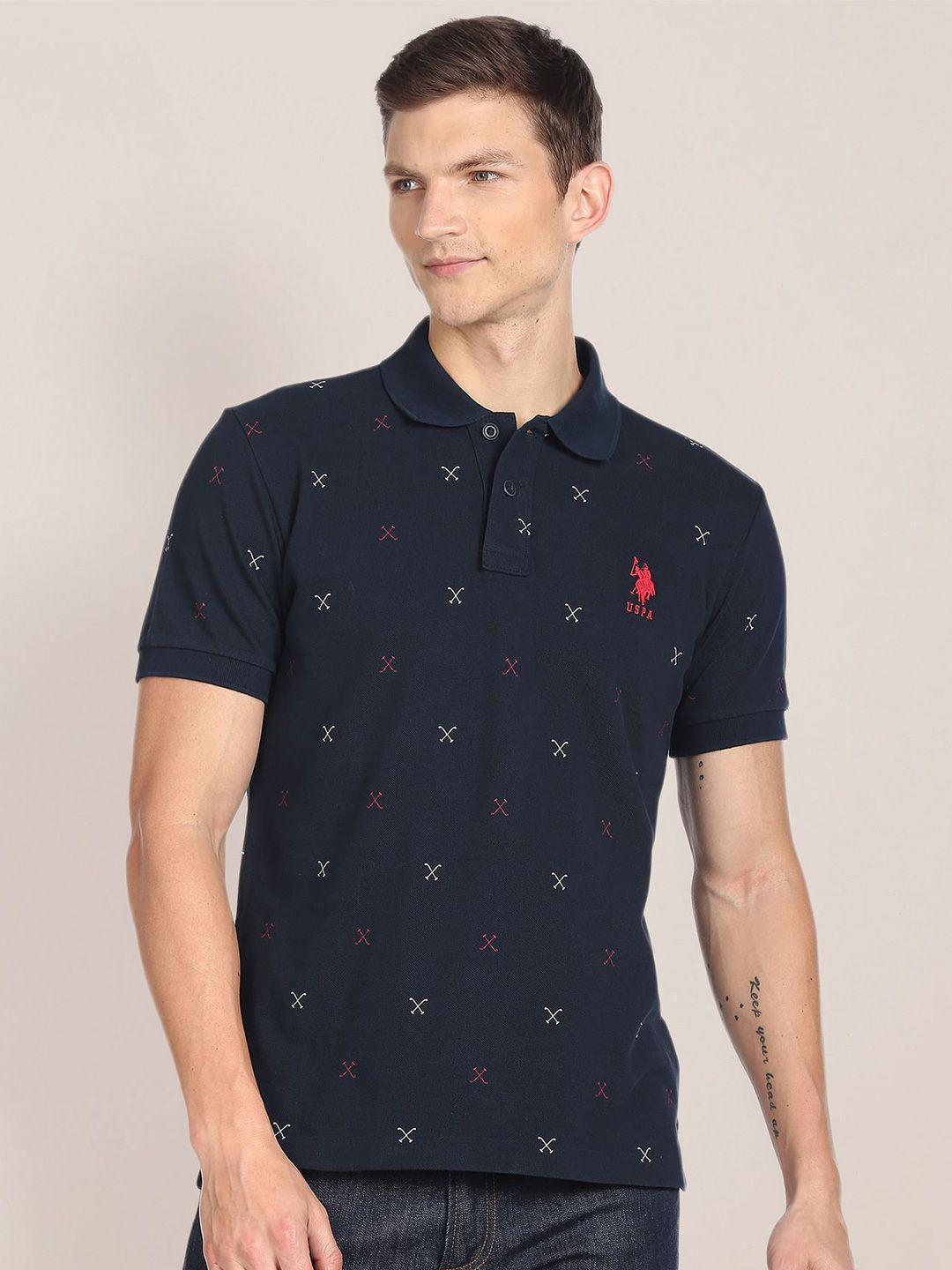 u s polo assn men blue printed mandarin collar slim fit t-shirt