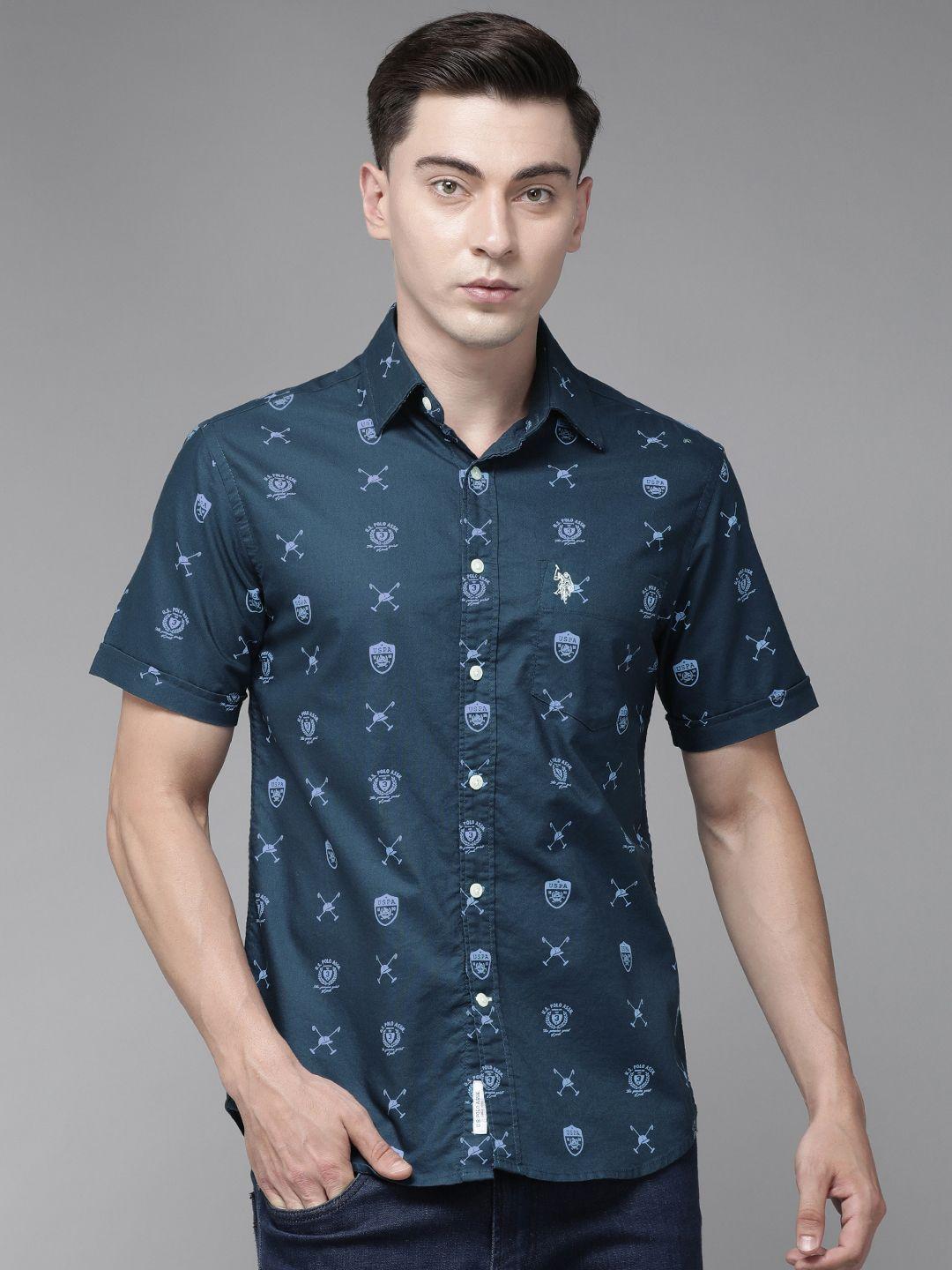 u s polo assn men blue tailored fit printed casual shirt